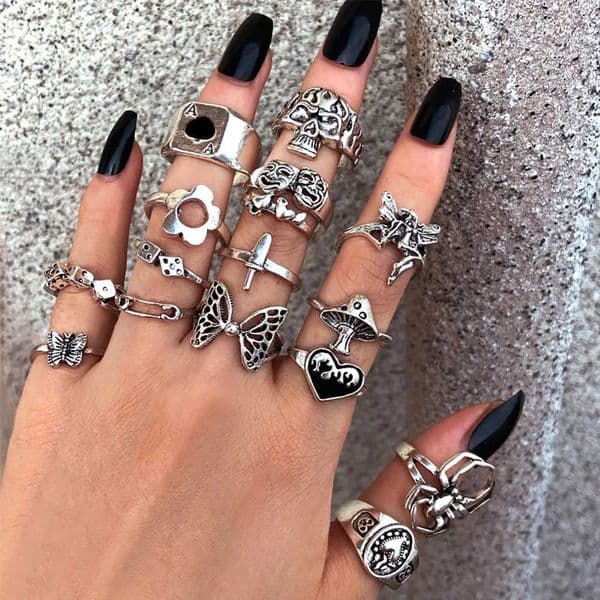 Punk Vintage Silver Color Poker Billiards Ring Set for Women Gothic Heart Rings Hip Hop Y2k Korean Fashion Mens Gift Jewelry XJ250802