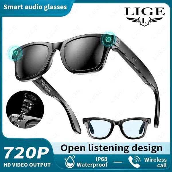 Over The Ear Headphones LIGE Camera Smart Music Glasses Make Receive Call Bluetooth Headset Recording Photo Recognition Anti Blue Light UV Sunglasses