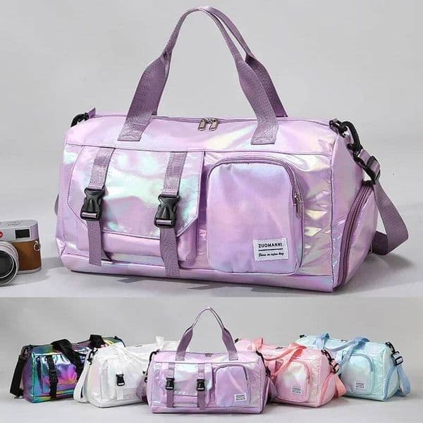 Holographic Glamour Duffel Bag Spacious,Stylish Shoulder Tote with Shoe Compartment for Effortless Weekend Escapes -