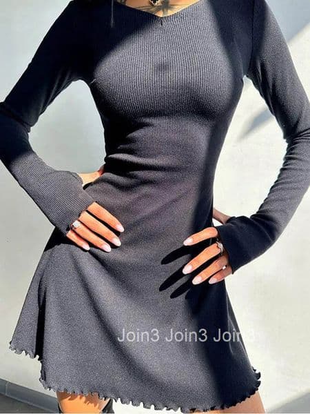 Elegant And Pretty Women Dresses Autumn Winter New Black Sexy Short Dress Female V Neck Long Sleeve Slim Solid Color Mini Dress