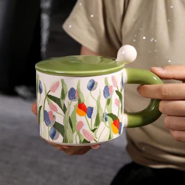 Designer Cup Light Luxury Flower Ceramic Cup With Lid And Spoon, High-Value Home Drinking Office Coffee Tea coffee mug Cup, Mug Tea