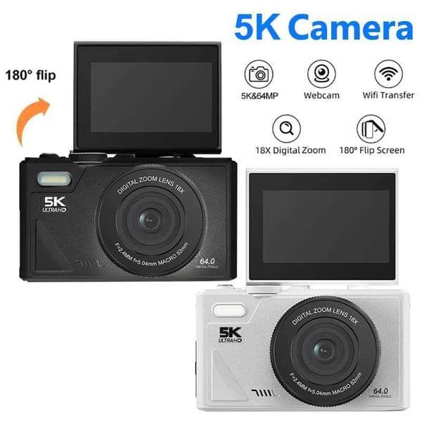 5K Digital Camera for Photography and 18X Digital Zoom Camera 64MP Compact Vlogging Camera 3 180 Flip Screen with Flash Z250804