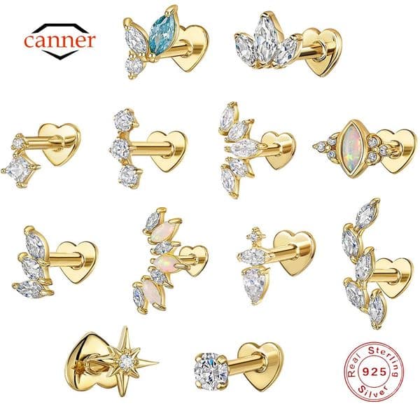CANNER 1PC 925 Sterling Silver Crown Horse Eye Zircon Heart Flat Head Cartilage Piercing Stud Earring For Women Claasic Earring 250729