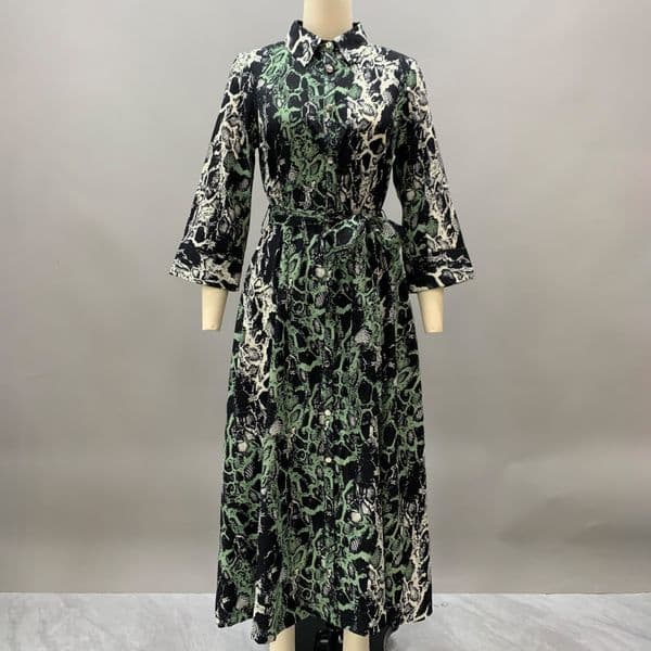 Sustainable Fashion: Women's Long Sleeve Green Snakeskin Patterned Maxi Dress