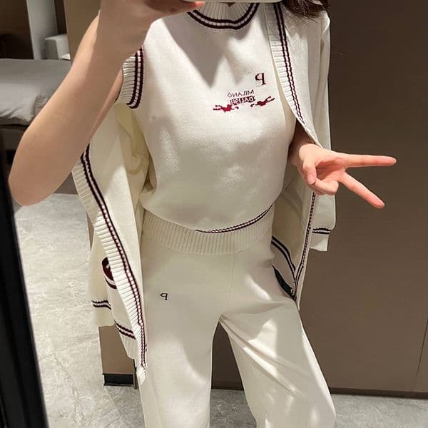 New ladies early autumn new knitted three piece set fashionable cardigan jacket letter embroidered vest paired with wide leg pants set