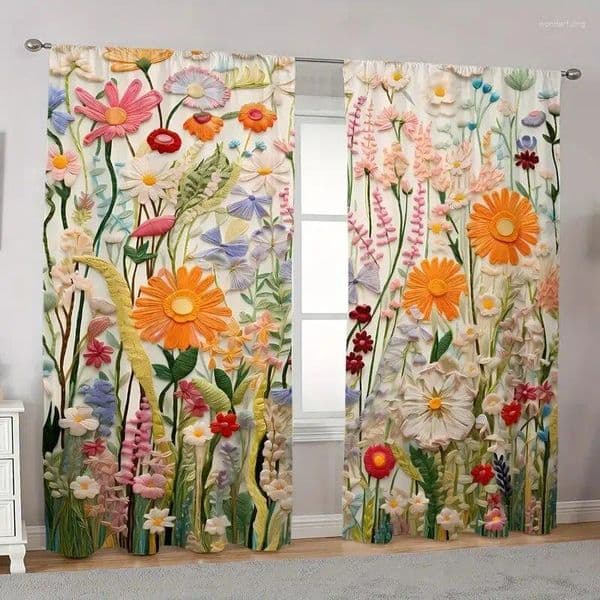 Curtain 2 Pieces - Classic Art And Plant Print Curtains Pole Bag Home Decoration Room