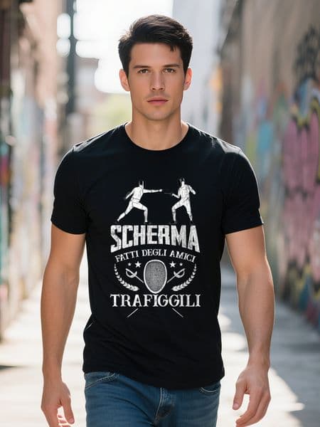 Men s Italian Graphic T Shirt Cotton Black with White Gray Print Funny Fencing Design Casual Crew c538e 37d5a
