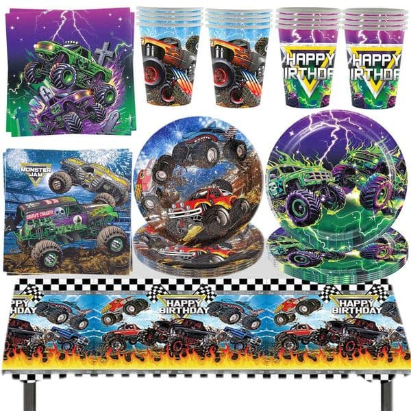 Monster Truck Party Supplies Disposable Tableware Plates Napkin Banner Tablecloth for Kids Boys 2nd Birthday Party Decorations X250805