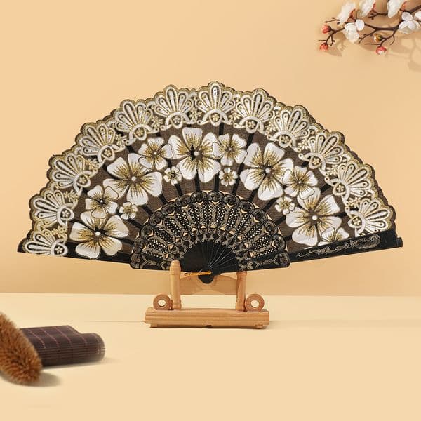 Vintage Chinese Folding Fan - Assorted Hues, Elegant Flower Motifs with Gold Accents