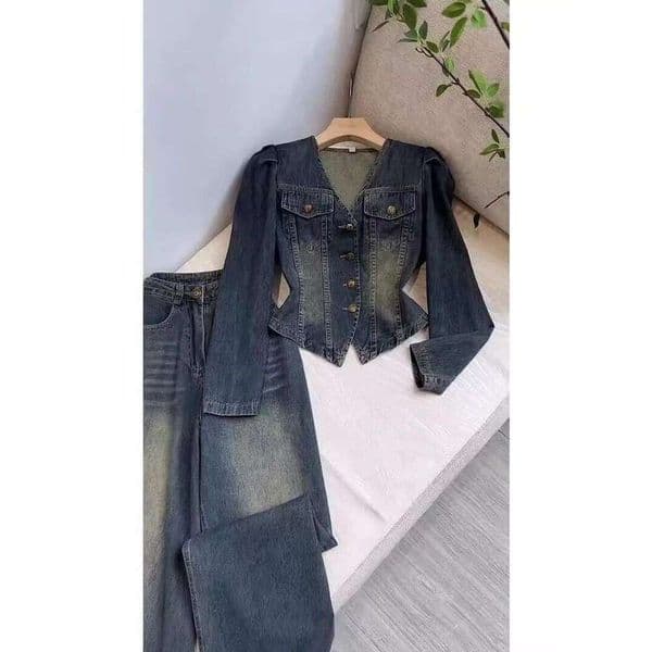 Women's Clothing Internet celebrity street blasting washed blue denim two piece suit pants spring and autumn new women's clothing