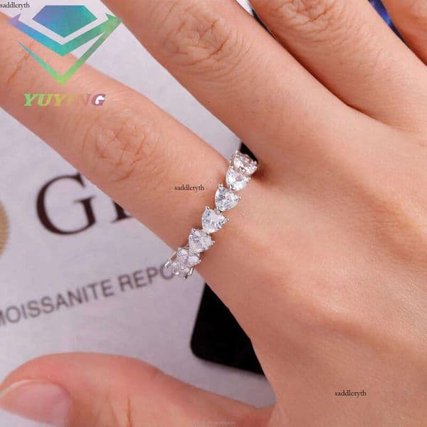 Classic Design Claw Set 14K White Solid Gold Heart Cut Moissanite Dia Band Wedding Ring