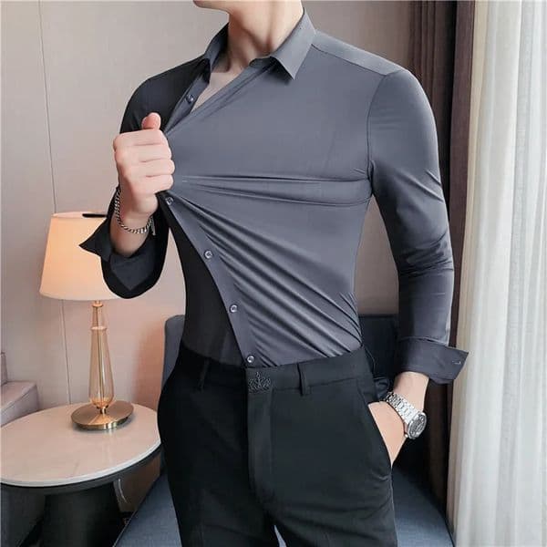Plus Size 4XL-M High Elasticity Seamless Shirts Men Long Sleeve Top Quality Slim Casual Shirt Social Formal Dress Shirts 250804
