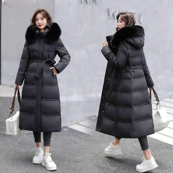 Women's Clothing Long-Sleeved Big Fur Collar Thickened Mid-Length Temperament Lace-Up Waist Down Jacket