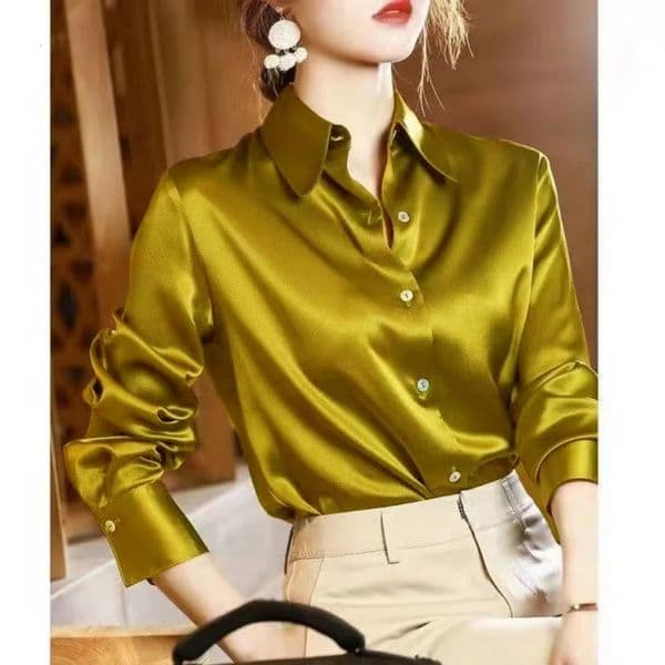 Summer Trend Fashion Womens Casual Elegant Satin Long Sleeved Shirt Office Womens Shirts And Blouses Slim Femal Clothes 250806