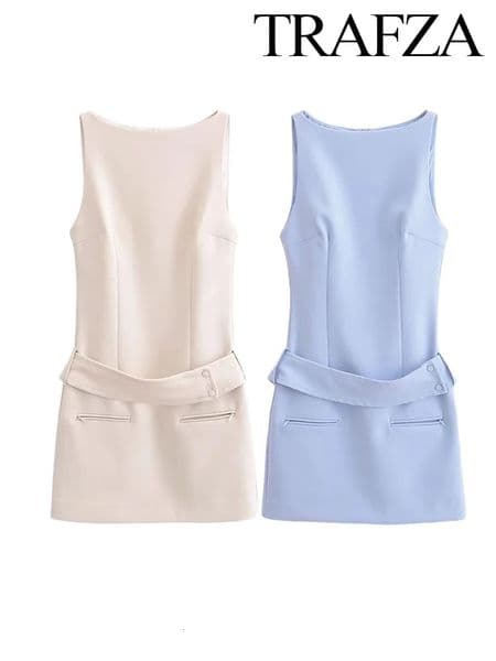 TRAF Womens Summer Solid Colour Sleeveless Round Neck Mini Dress Elegant Belt Decoration Zipper Casual Womens Short Dresses