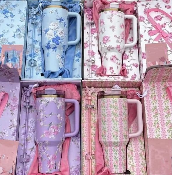 coffee mug Designer Cup 40 Oz Insulated Tumbler: Floral Blue Magnolia & Pink Rose Stainless Steel Double Walled Travel Mug - Large Capacity Water Bottle Tea