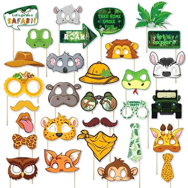 30pcs Jungle Safari Photo Booth Props Wild One Forest Photobooth Props Supplies Baby Shower Birthday Party Decorations Backdrop X250805