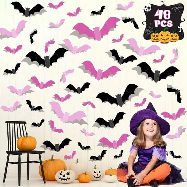 4824pcs Pink Bats Wall Stickers Halloween 3D Bat Window Sticker Kids Favors Party Home Room Indoor Outdoor Decoration 250806BJ
