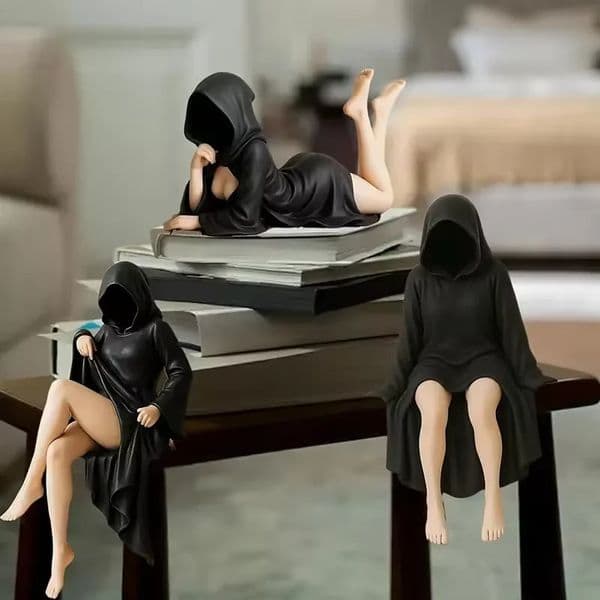 8/10/15cm Mysterious Statue Sitting Resin Ornaments Home Decor Items Gothic Bookshelf Sculptures Ghost Black Horror Robe Desktop 250805