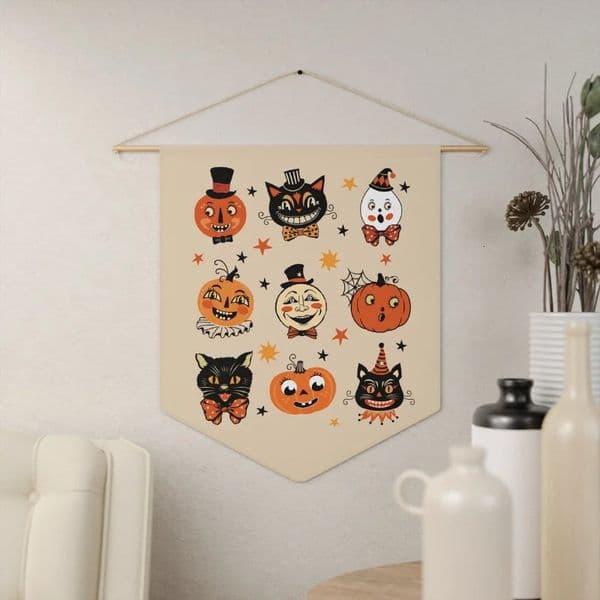 Vintage Halloween Black Cat Pennant Banner Spooky Primitive Pumpkin Flag Retro Cute Folk Art Wall Hanging Decoration 250806