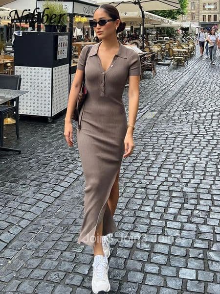 Solid Color Maxi Dress Summer Clothes For Women Elegent Middle collar Single-breasted Dresses Streetwear Party Travel