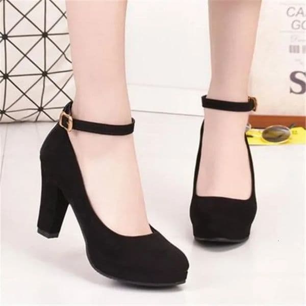 Spring Women Pumps Flock Sweet Thick High Heels Ankle Strap Female Platform Classic Round Toe Dress Cute Shoes Ladies Footwear 250731
