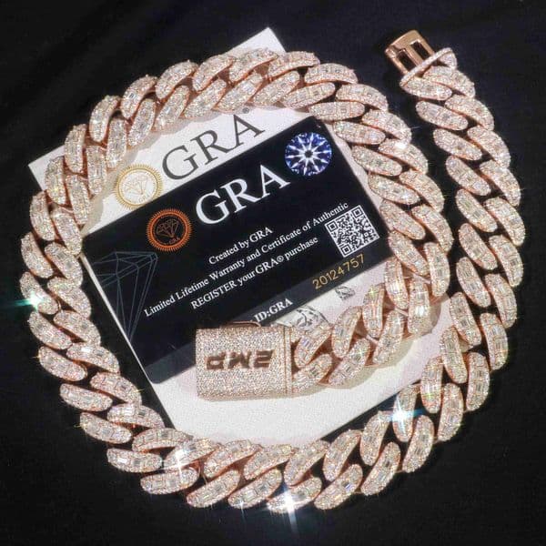 18mm Hiphop Jewelry Cuban Chain Iced Out 18k Rose Gold Plated Silver VVS Moissanite Cuban Link Chain