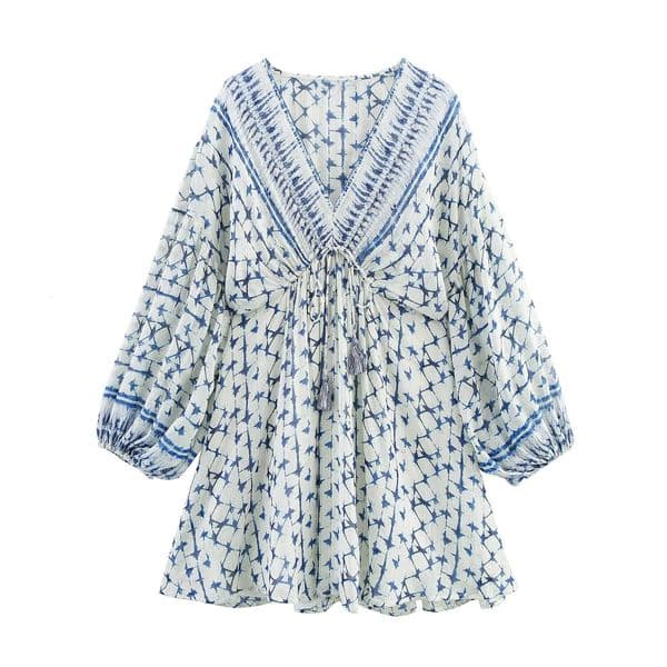 Zestry Short Skirt Print Geometry Fold Lantern Sleeve High Waist 2025 Summer Style Woman Dress Chic Elegance Women Clothing 250806