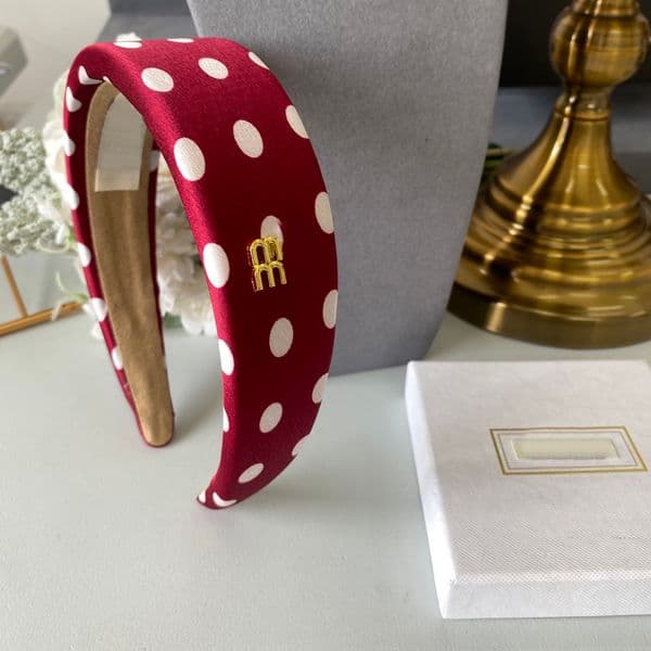 Bury Satin Padded Headband With White Polka Dots Gold-Tone Double M Emblem Retro-Inspired Elegant Hair Accessory Gift For Her Chic And Luxe Headwear L260518
