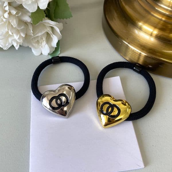 Silver Tone Heart-Shaped Black Hair Elastic With Polished Metal Detail Chic Daily And Party Hair Accessory Gift For Her Stylish And Elegant Jewelry-Inspired Hairwear