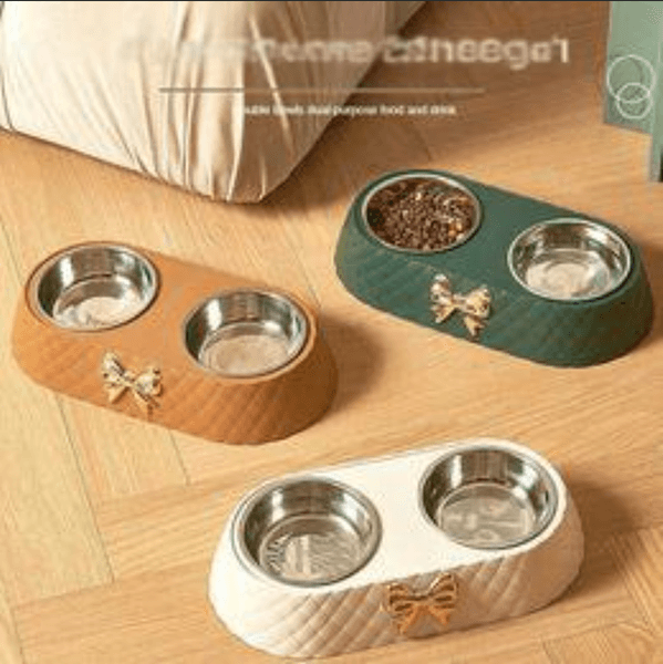 Cat Dog Bowl Designer drink bottle Free Shipping Cats Dogs Special Light Bow Stainless Steel Double Convenient Feeding And Watering Food Pet Supply