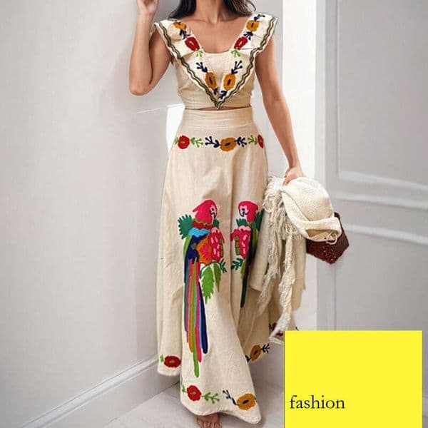 Women's Fashion New Ins Print Ruffle Top And Skirt Set Two-Piece Outfit B5 h7