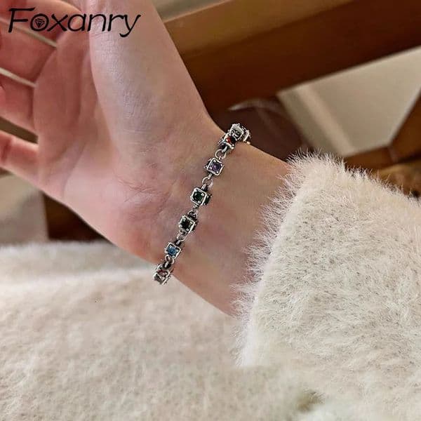Foxanry Vintage Punk Chain Bracelets for Women Couples Trendy Elegant Sparkling Colorful Zircons Wrist Jewelry Party Gifts 250730