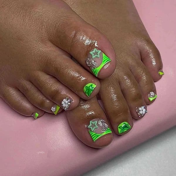 24pcs Summer Fake Toenail Patches with Star Rhinestone Design False Toe Nails Full Cover Wearable Green French Press on Toenails Z250807