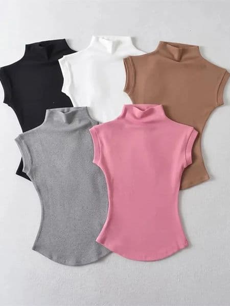 Women Summer Sexy Turtleneck Sleeveless TShirts Tops Solid Slim Fit Pullovers Causal Tees Shirts Female Streetwear Basics 250729