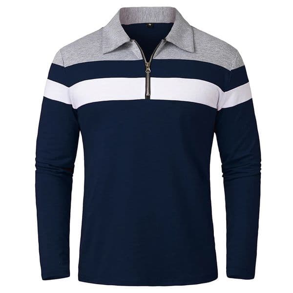 Mens Long Sleeve Striped Polo Shirts 14 Zip Cotton Patchwork Collared Shirt Casual Fashion Pullover Slim Fit Golf Shirt 250804