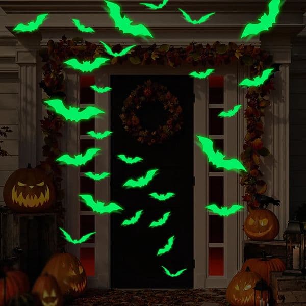 16pcs Glow Halloween Wall Stickers Halloween Glow In The Dark Window Decals Bat Decal Halloween Holiday Haunted House Home Decor 250805