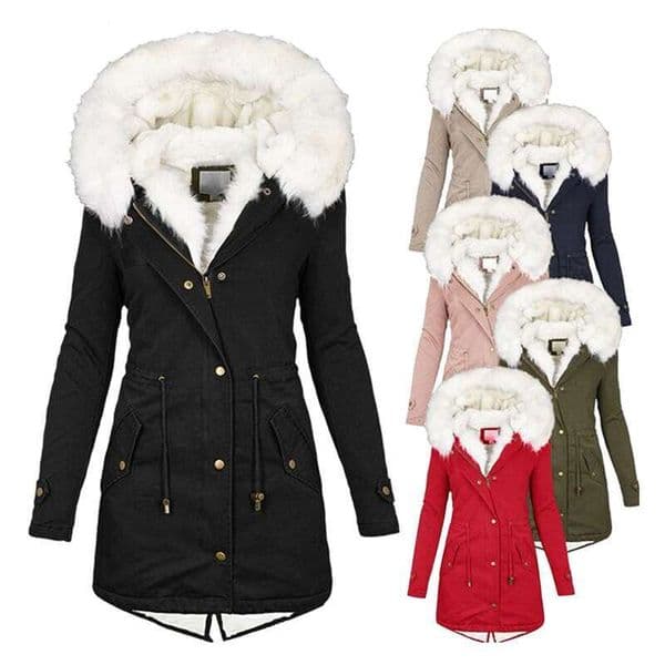 Women's Clothing Autumn And Winter Mid Length Windbreaker White Fur Collar Hooded Warm Plus Veet Women's Coat