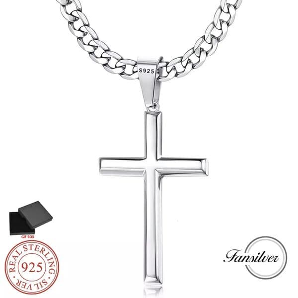 Fansilver Cross Necklace S925 Sterling Silver for Men Women 5mm Stainless Steel Durable Cuban Crucifix Pendant Necklace Jewelry 250805