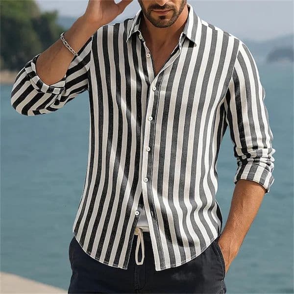 Black and White Stripe Print Men Longsleeved shirt Fashion Lapel Loose Top Casual Simple Style Mens Social Shirt Daily TShirt 250807BANJIA