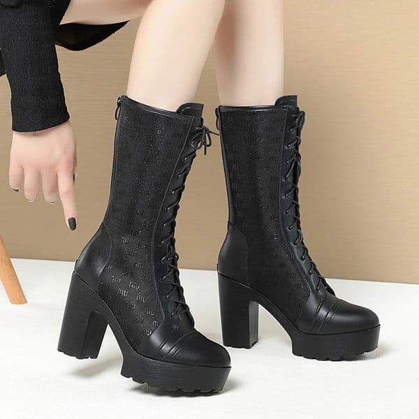 Women Mesh Fashion Black High Heel Platform Boots Spring Summer Modern Comfortable Soft Leather Thick Sole Mid Calf Boots 250804BJ