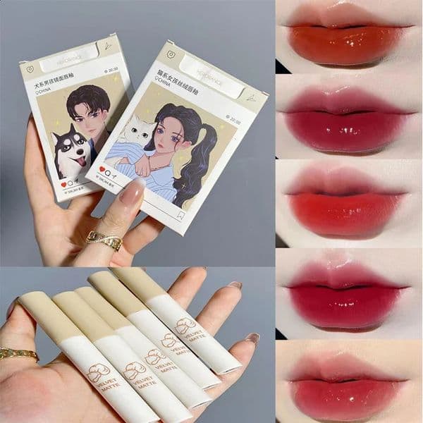 5Pcs Cigarette Lip Gloss Set Matte Red Tint for Lips Makeup Long Lasting Water Mirror Lip Glaze Waterproof Lipstick Kit Cosmetic 250807BJ