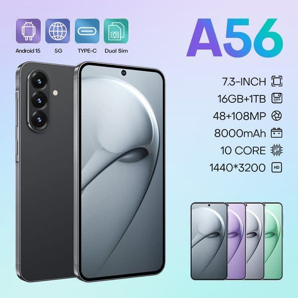 A56 5G Smartphone, 16GB+1TB Unlocked Touchscreen, Wireless Charging, Facial Recognition, SIM Dual Standby, Android Phone, HD Display