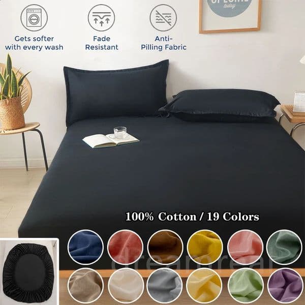 Sheet 100% Cotton Bed Fitted Sheet with Elastic Band Solid Color Anti-slip Adjustable Mattress Cover for Single Double King Queen Bed 250805