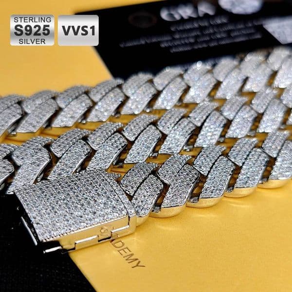 HHIOK Men 20mm 925 Silver Sterling Moissanite Diamond Cuban Link Bracelet 3 Rows Vvs Hip Hop Fine Jewelry