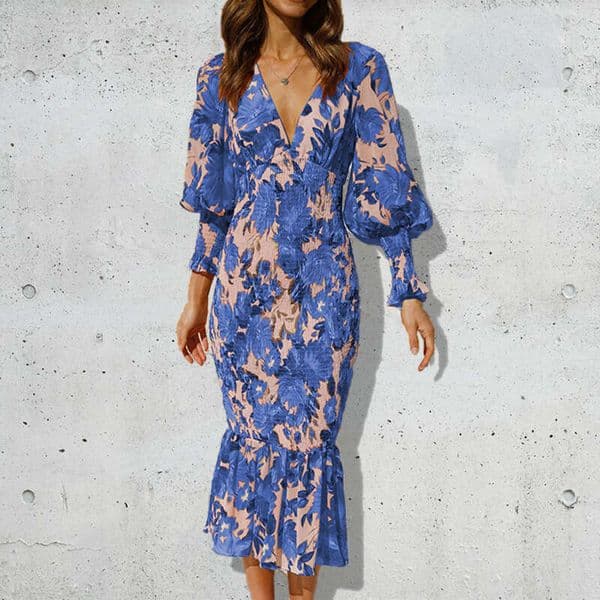 New Women's V-Neck Printed Long Sleeve Tie Waist Bodycon Dress 661 B5