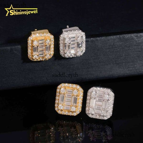 Hip Hop Iced Out Sier Baguette Earrings High Quality Men Women Screw Back Moissanite Ear Studs Daily Wear