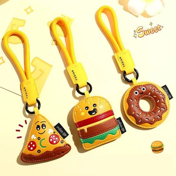 cute kawaii cartoon donut hamburger pizza keychain pu leather keyring car keyfob for women men simulation food bag pendant charm 250809