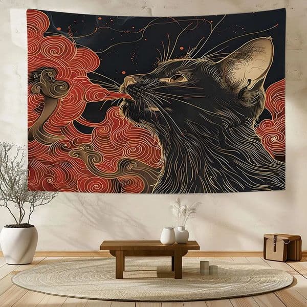 1 Pc Asian Ukiyo Art Japanese Cat Swallowing Clouds Wave Fabric Fun Tapestry Wall Hanging with Accessories Home Dormitory Bedro 250808