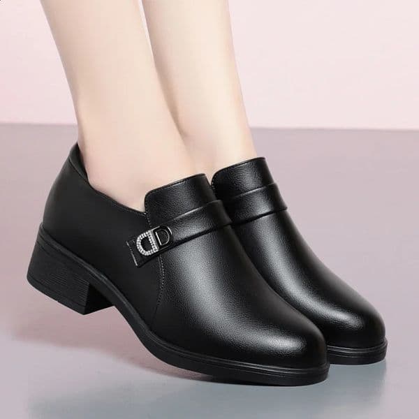 Spring Deep Mouth Block Heels Women Shoes Comfort Fashion Breathable Round Toe Soft Leather Soft Sole Office Black Shoes 250805